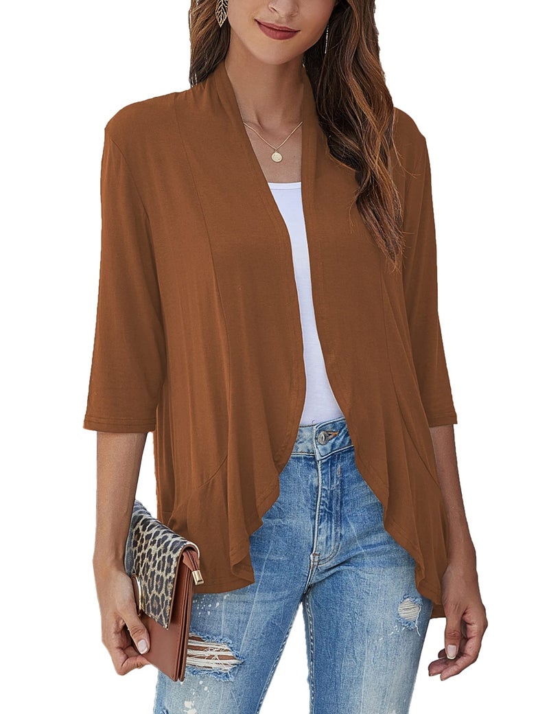 Bluetime Women Casual Lightweight Open Front Cardigans Soft Draped Ruffles 3/4 Sleeve Cardigan (XXL, Brown) - Image 1